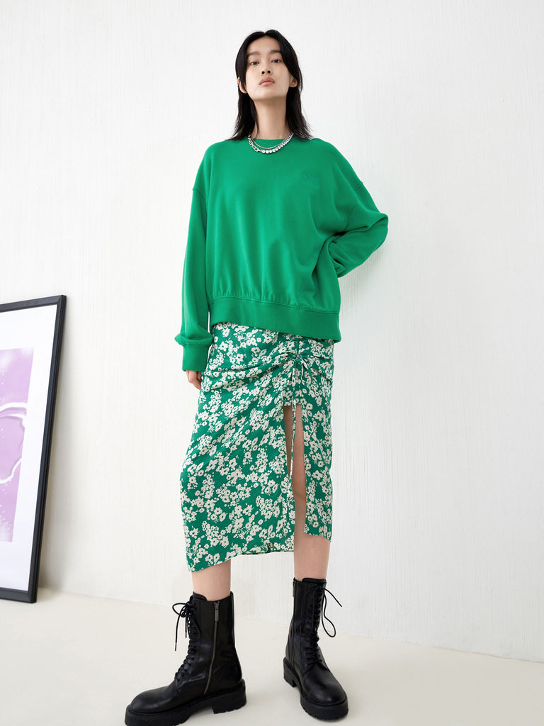 Women's Silk Blend Pleated Floral Print Green Midi Skirt