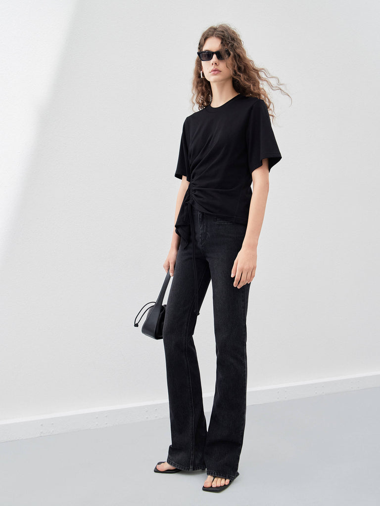 Women's Pleated Asymmetrical Hem Cotton T-shirt with Drawstring in Black