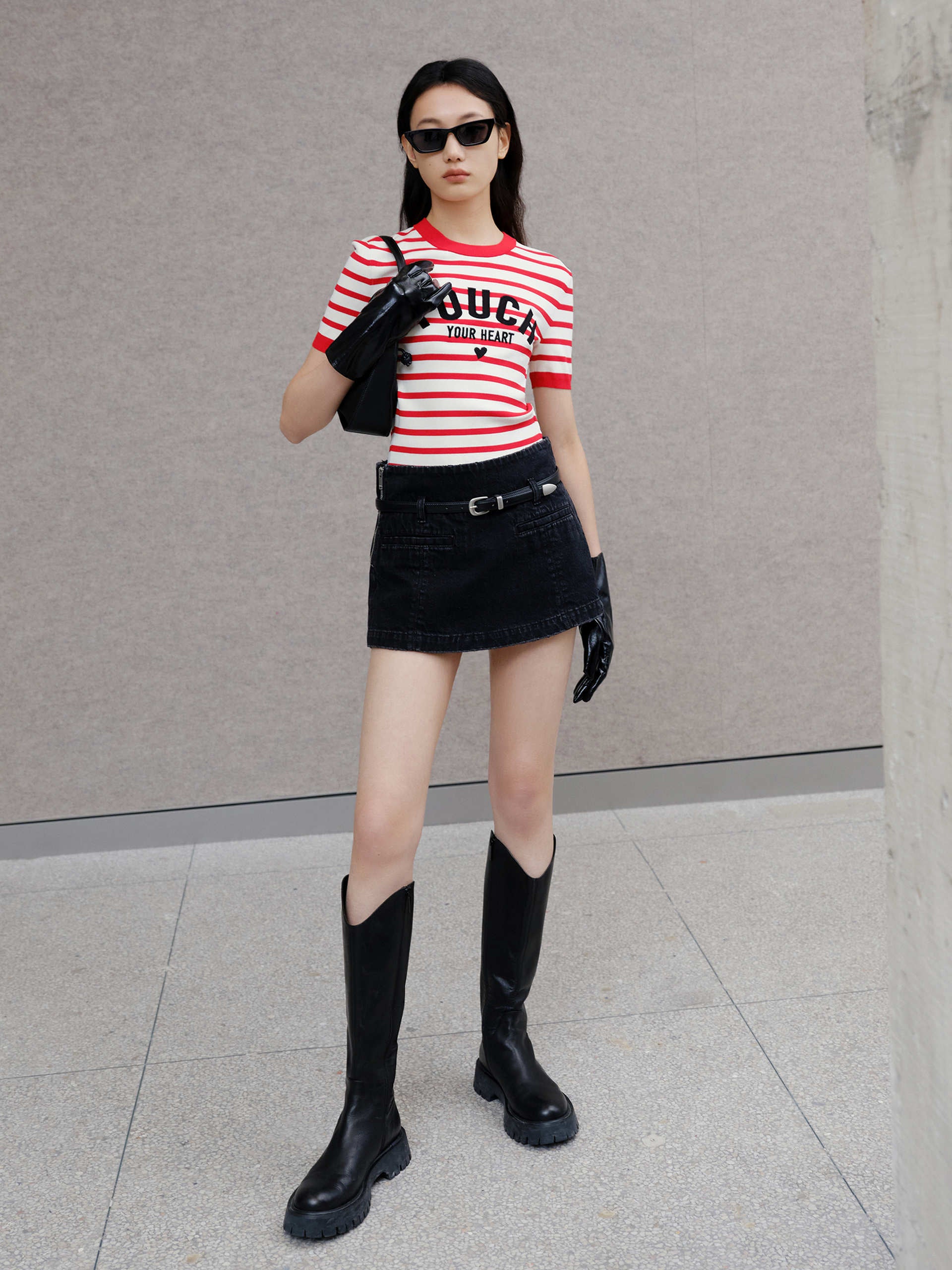 Embroidered Knitted Striped Cropped Red Top