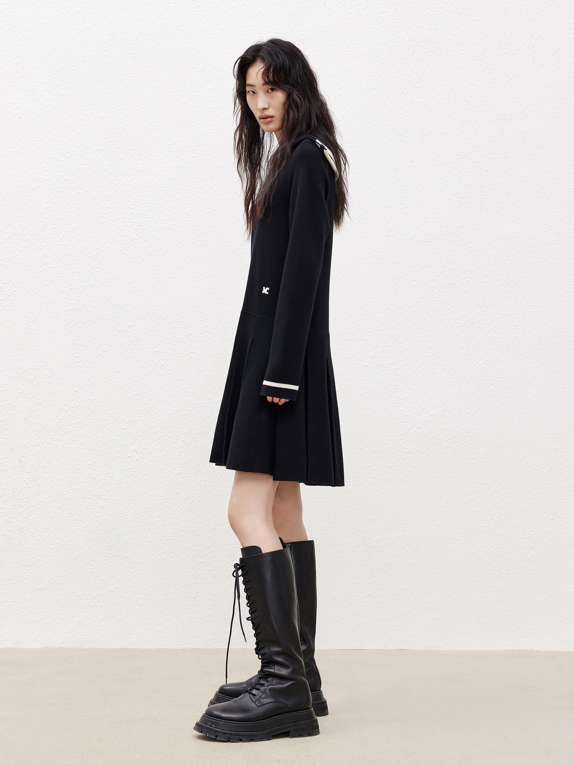 Black Wool Blend Navy Collar Sweater Dress