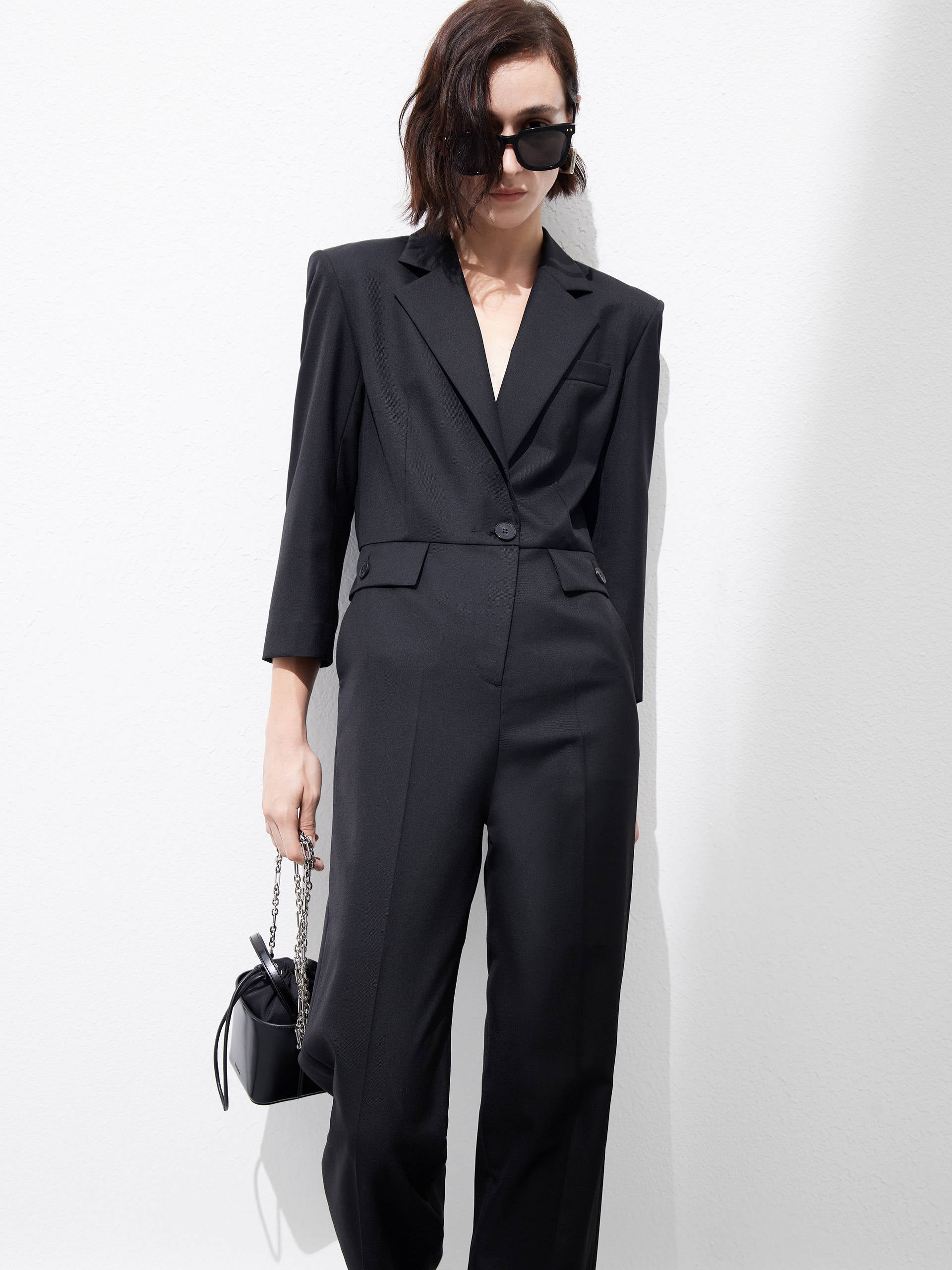 Structured V-neck Straight Suit Jumpsuit in Black