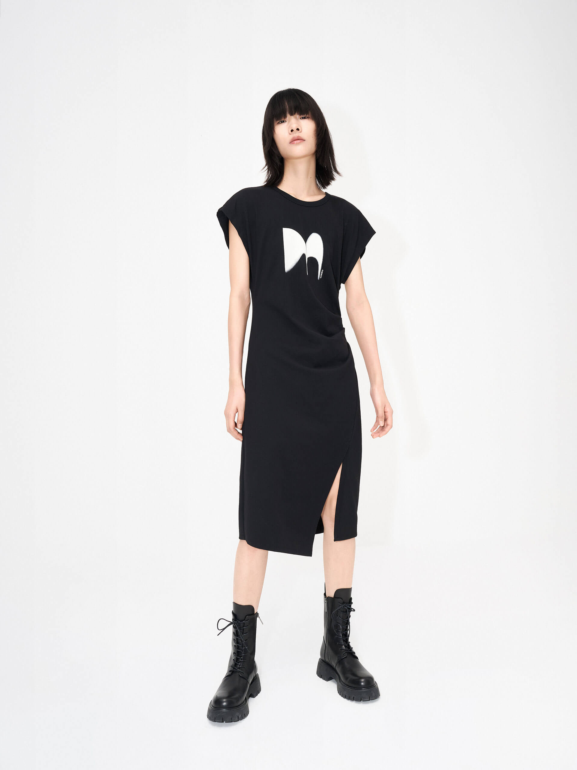 MO&Co. Women's Logo Printed Pleated Midi Dress with Cutout Back Details in Black