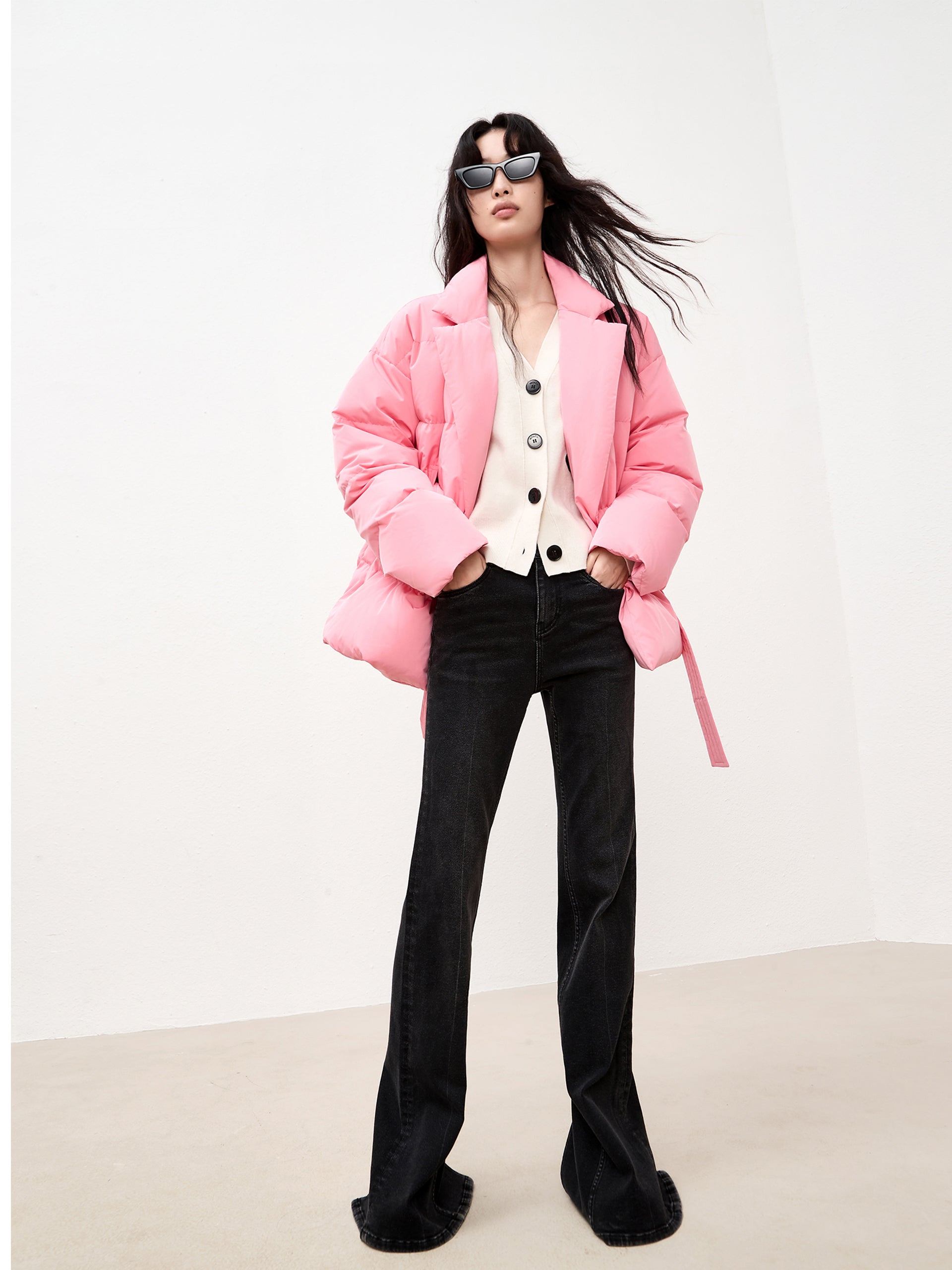 Pink Lapel Collar Puffer Down Jacket with Belt