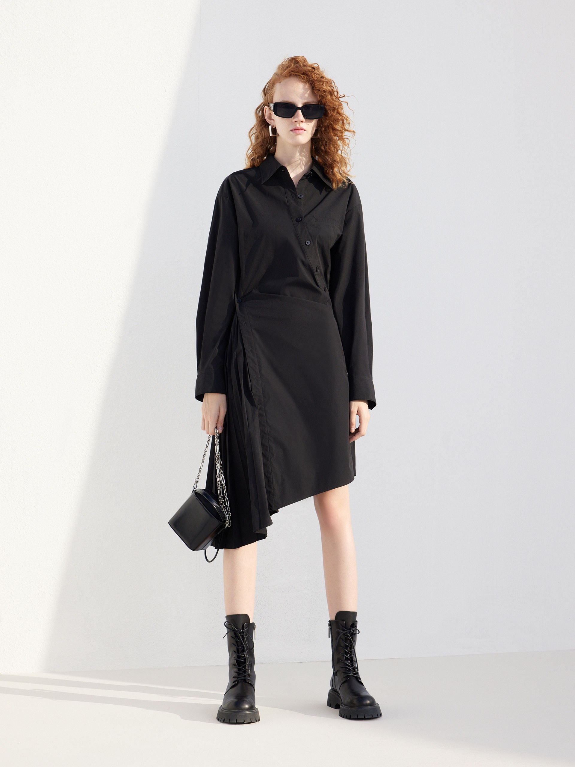 Women's Slant Placket Asymmetric Hem Shirt Dress in Black