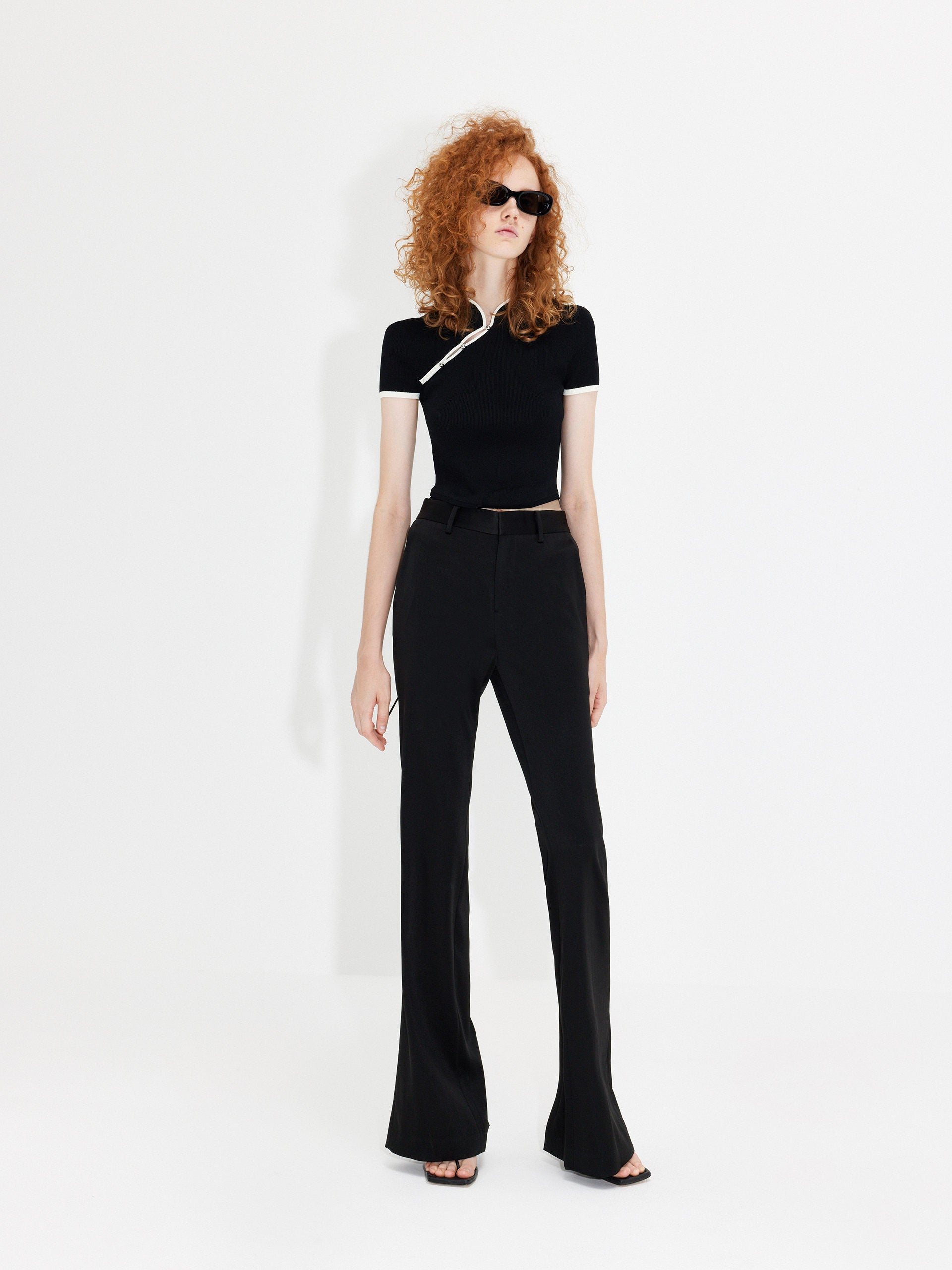 MO&Co. Women's Back Slit Slim-fit and Flared Black Suit Pants