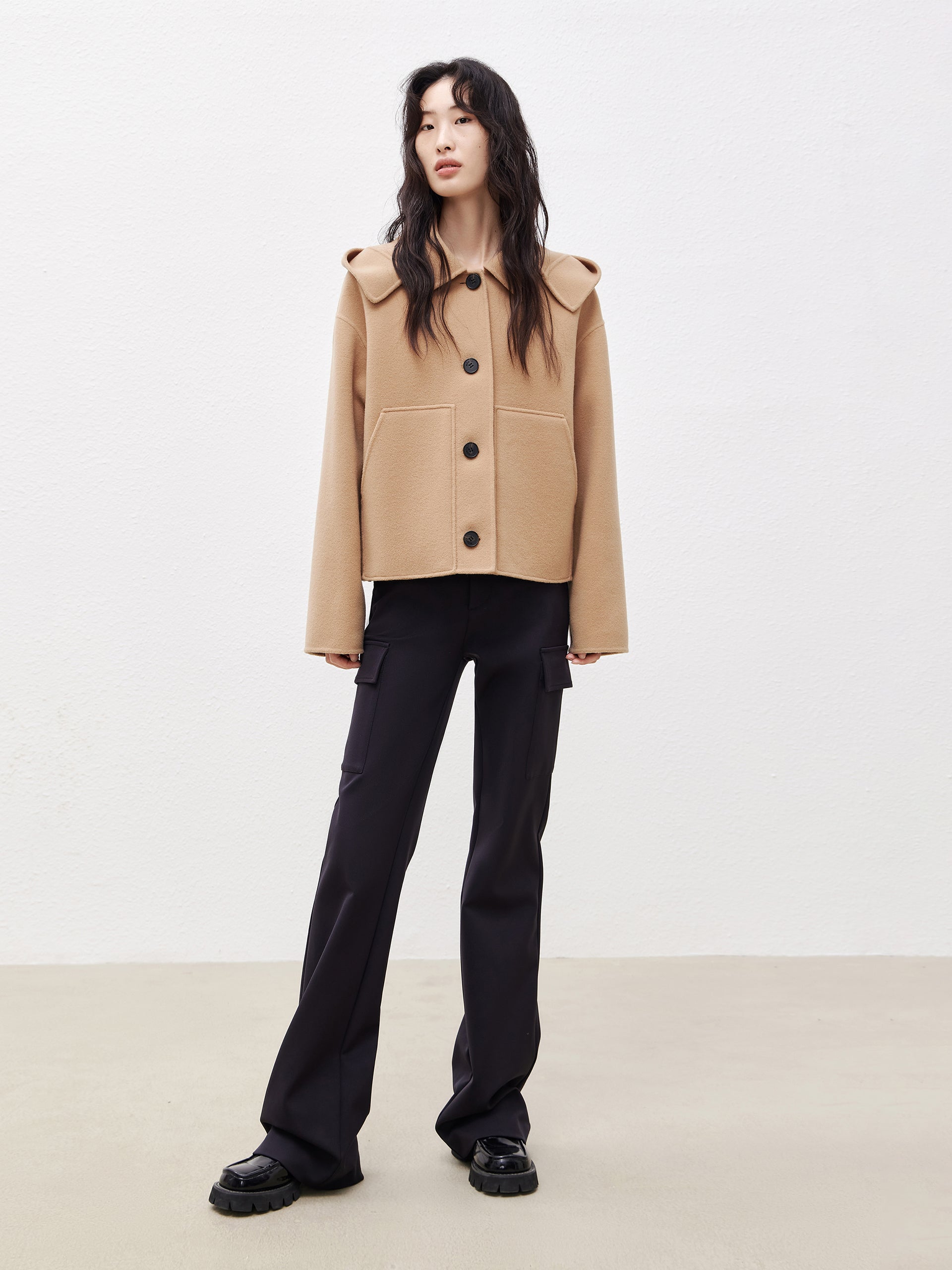 Camel Hooded Cropped Wool Coat