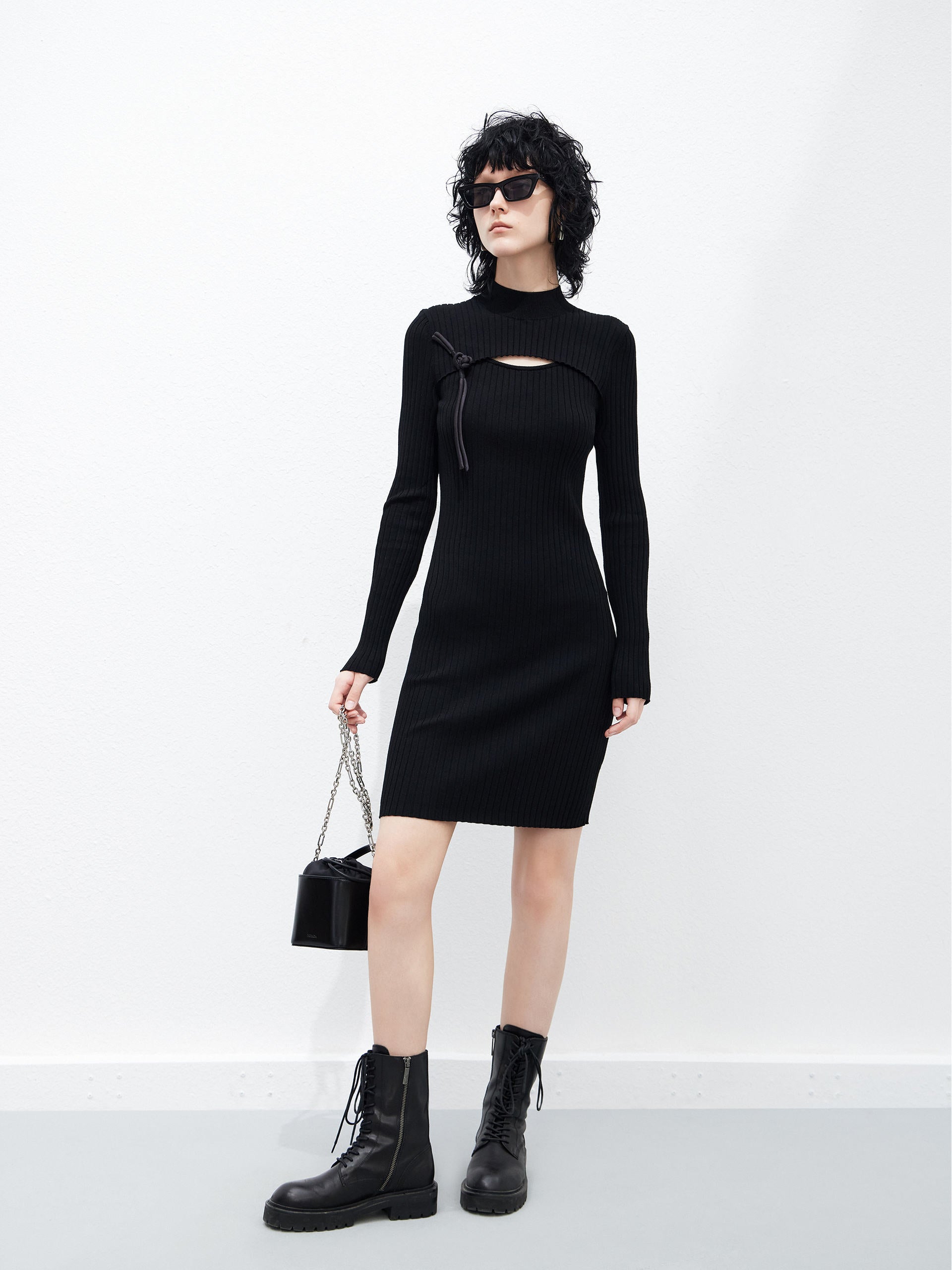 Long Sleeves Cutout Ribbed Knit Bodycon Mini Dress Black