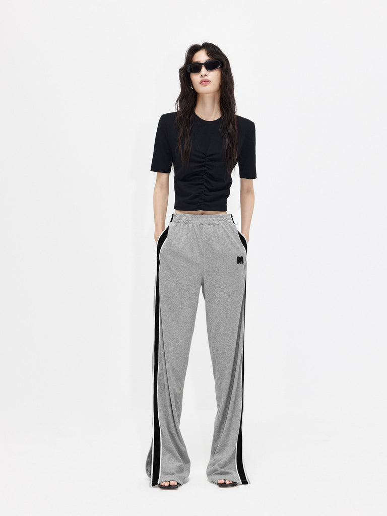 Women's Contrasting Trim Elastic waistband Slit Causal Trousers in Grey