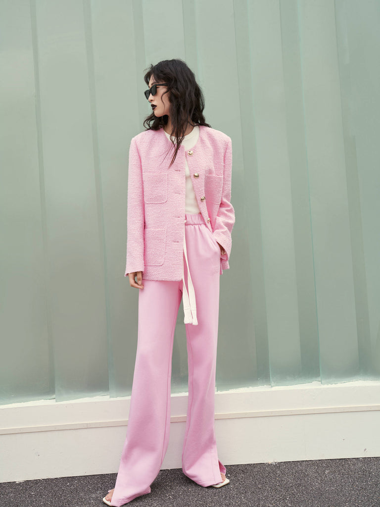 Pink Cotton Blend Chic Collarless Boxy Tweed Jacket