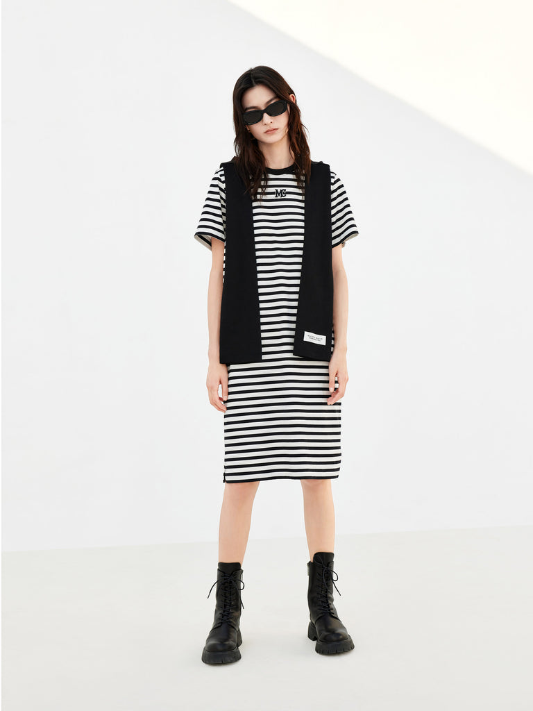 Two-piece Striped Short Sleeves Casual Mini Dress with Scarf