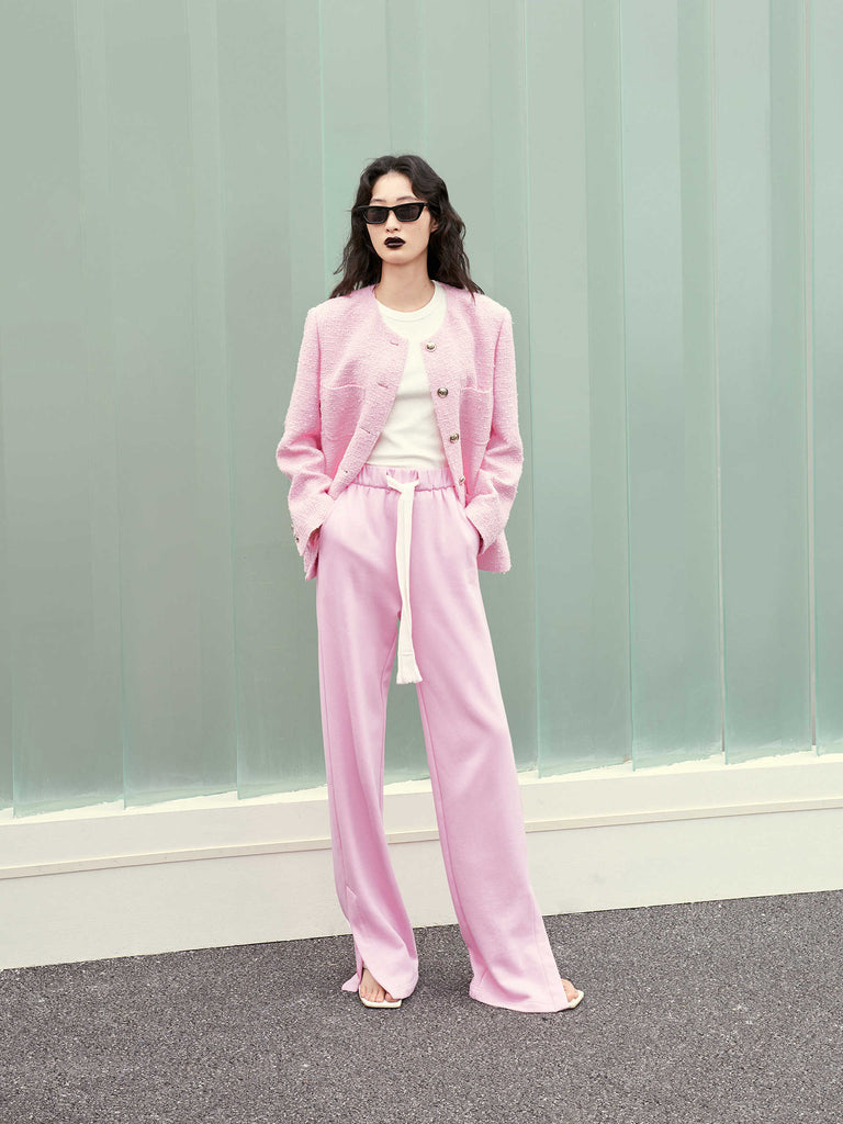 Elasticated Waist Cotton Causal Slit Details Trousers in Pink