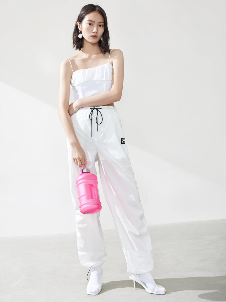 Women's Drawstring Side Pleated Parachute Pants in White