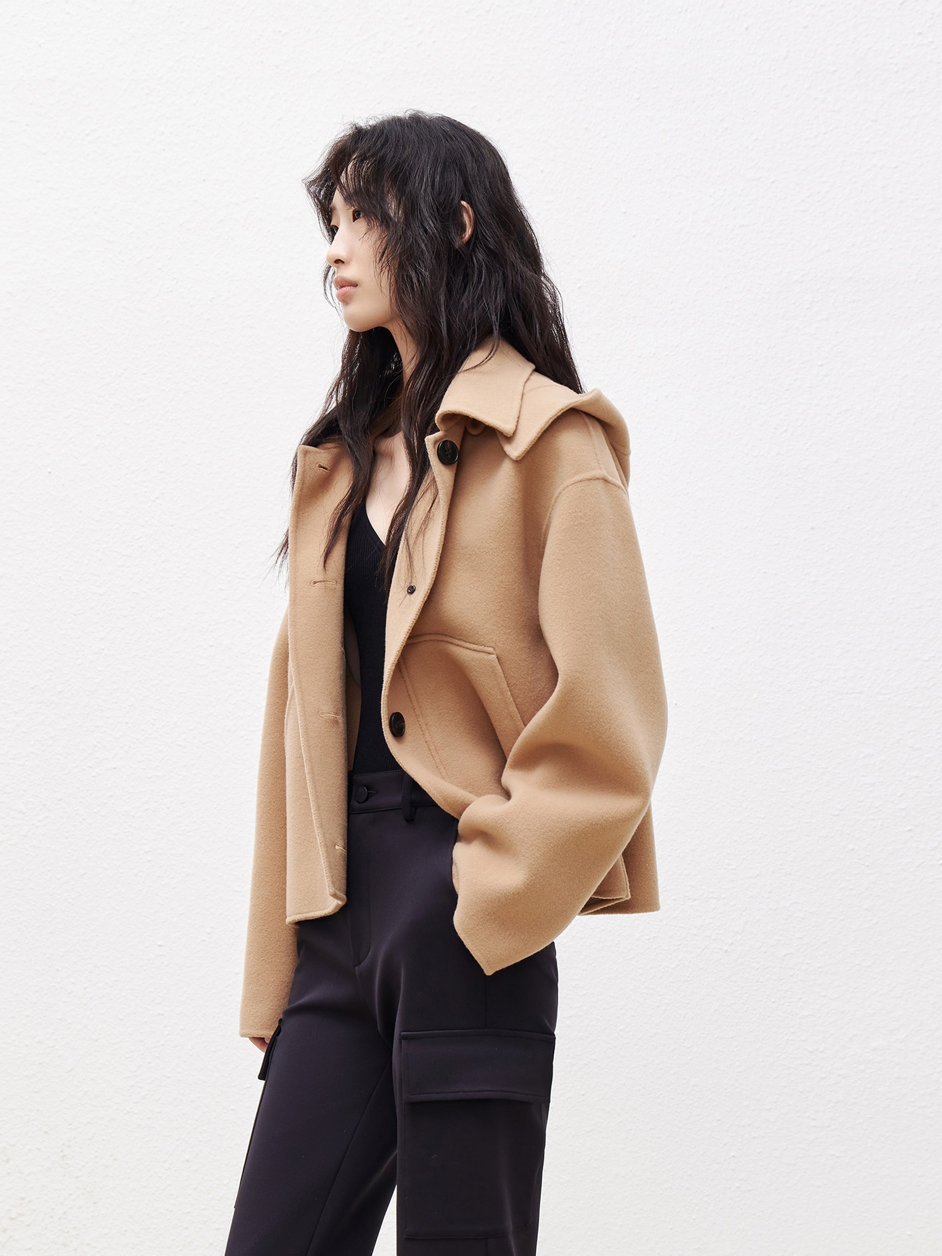 Camel Hooded Cropped Wool Coat