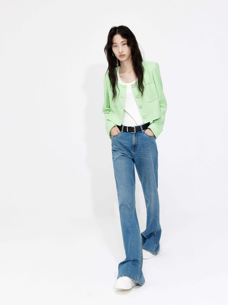 MO&Co. Women's Back Slit Full length Straight Jeans in Blue