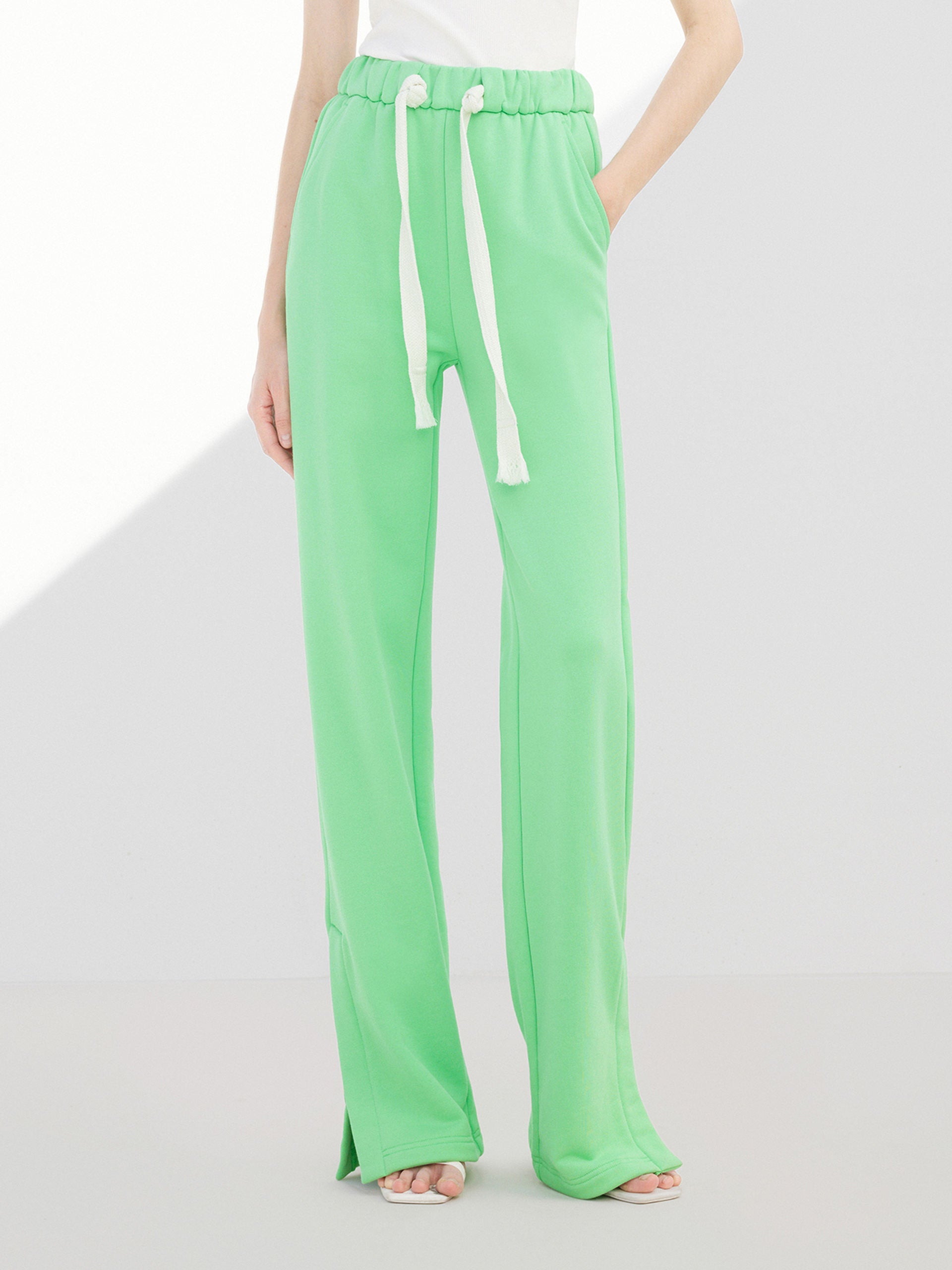 Elasticated Waist Cotton Causal Slit Details Trousers in Green