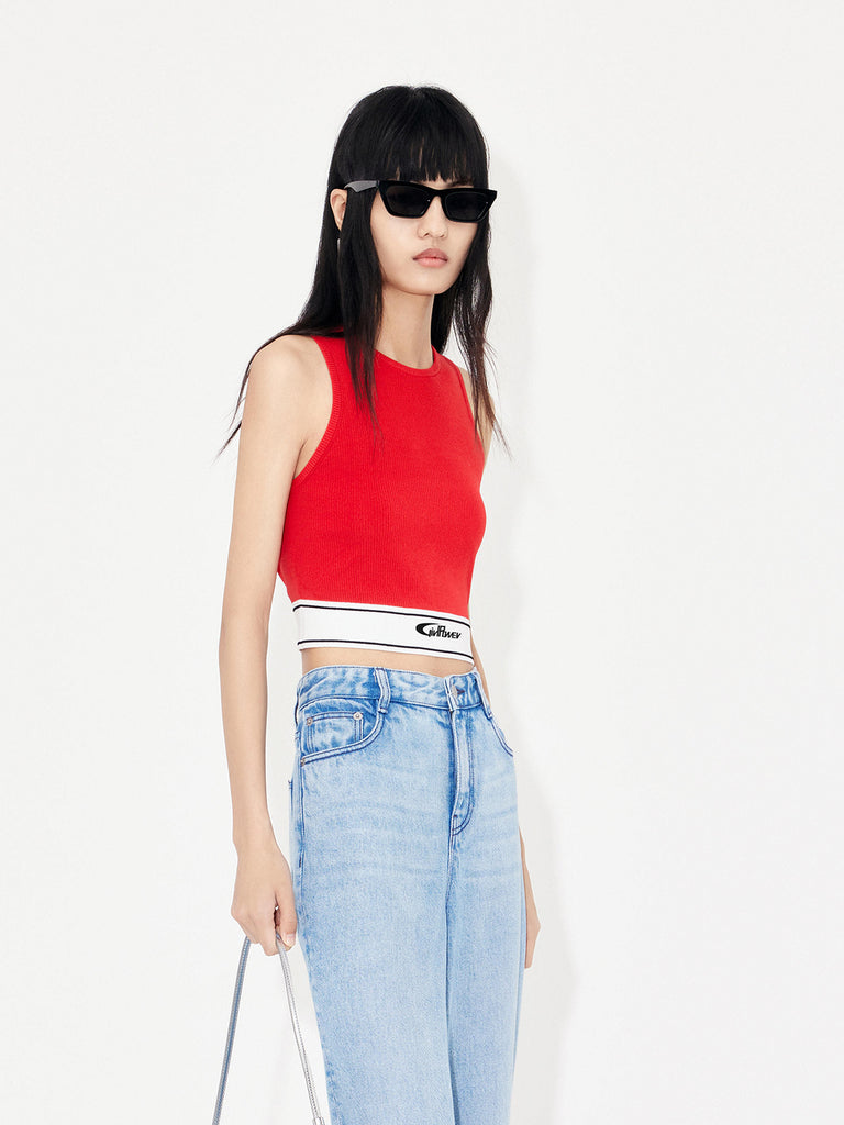 Women's Ribbed Contrast Hem Cropped Tank Top in Red