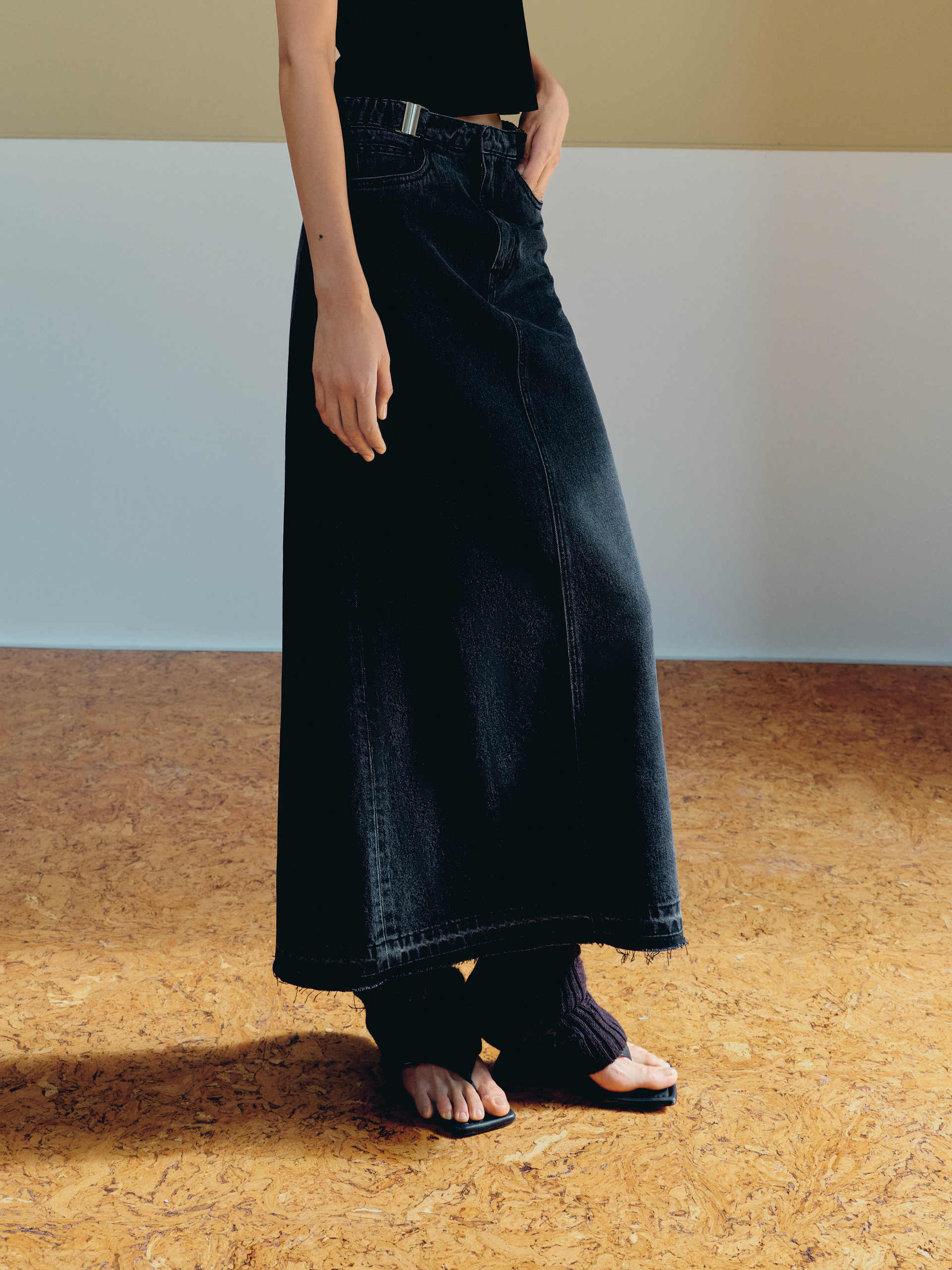 Slit Back Cut-out Waistband Details Black Denim Maxi Skirt