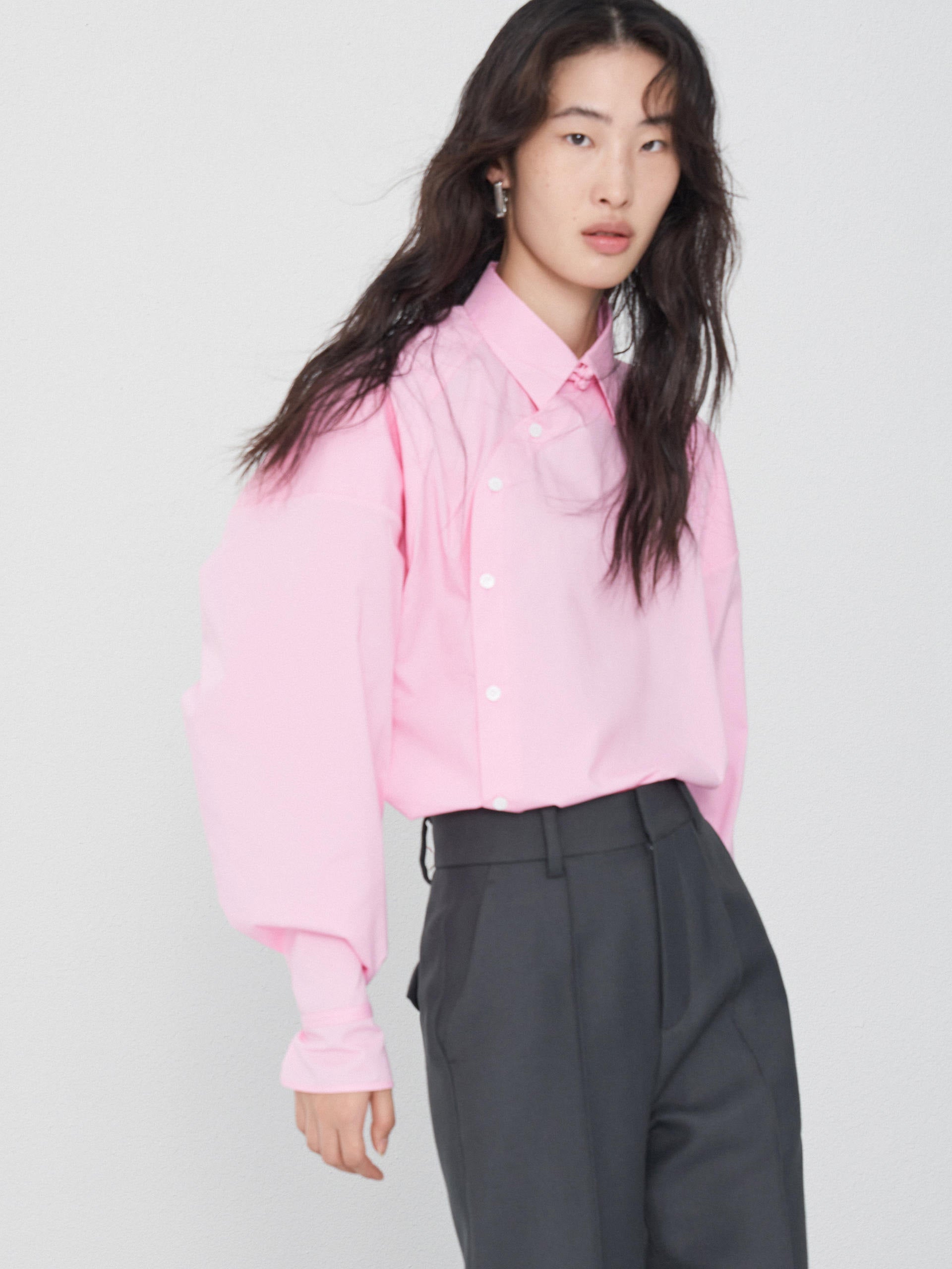 Mandarin Style Slanted Placket Pink Shirt