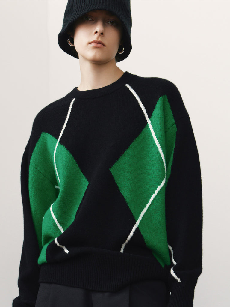 Geometric Wool Blend Black Sweater with Green Graphic Design 
