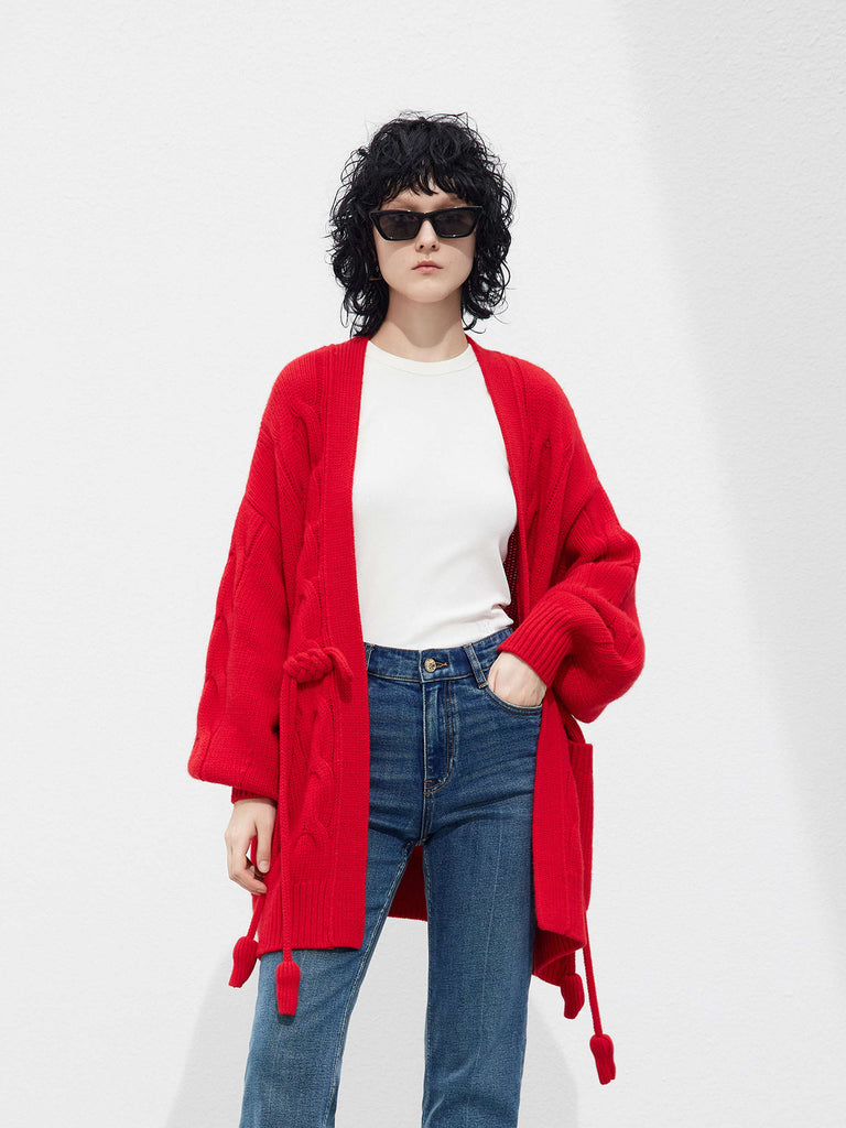 Cheongsam Buckle Wool Cable Knit Casual Cardigan in Red