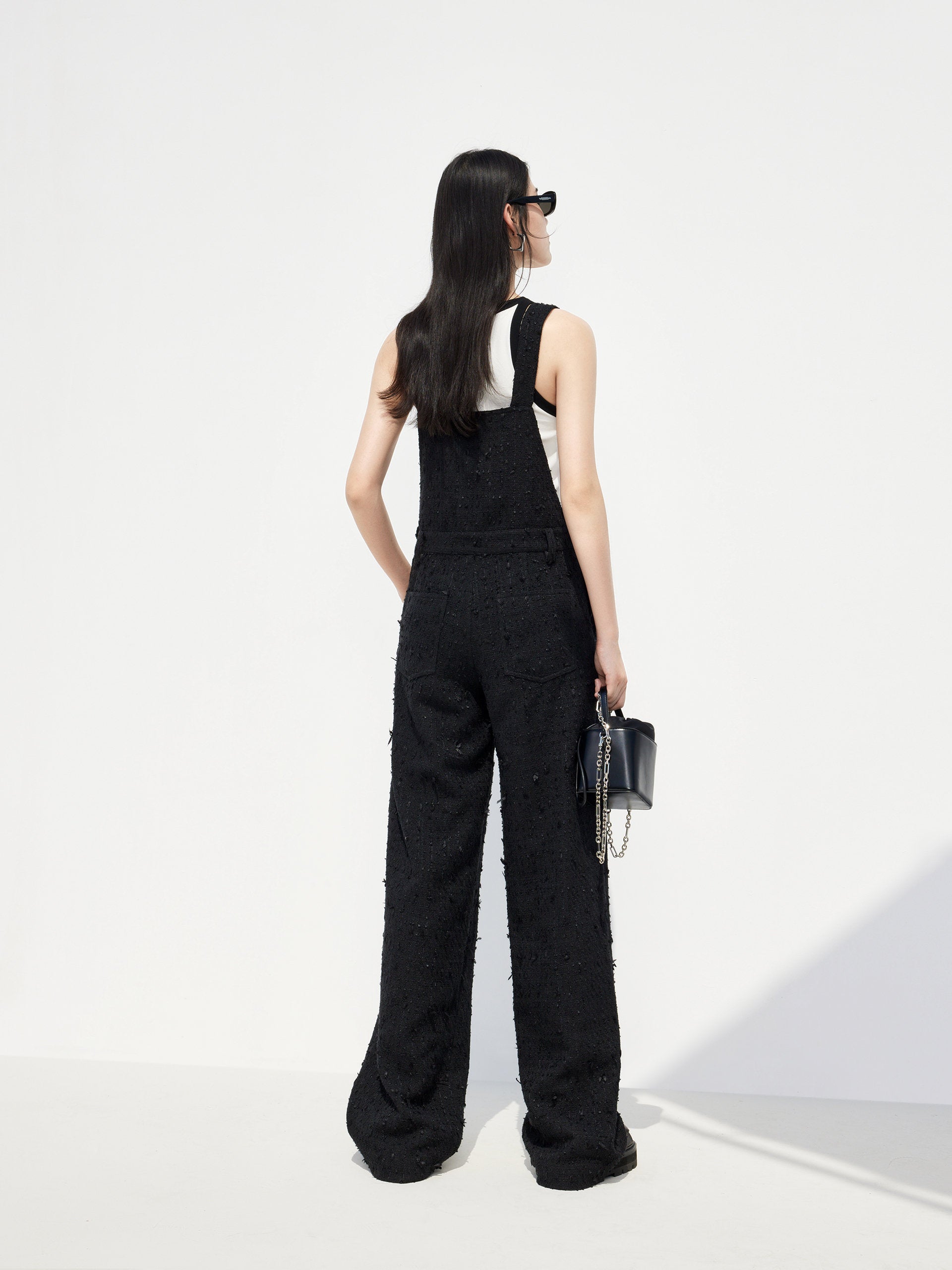 Textured Overalls Tweed Jumpsuit in Black