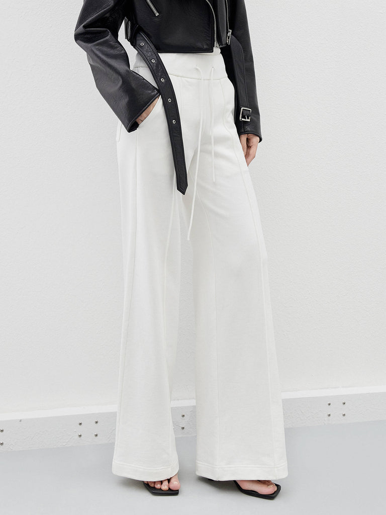 Drawstring Casual Athleisure Wide Leg White Trousers
