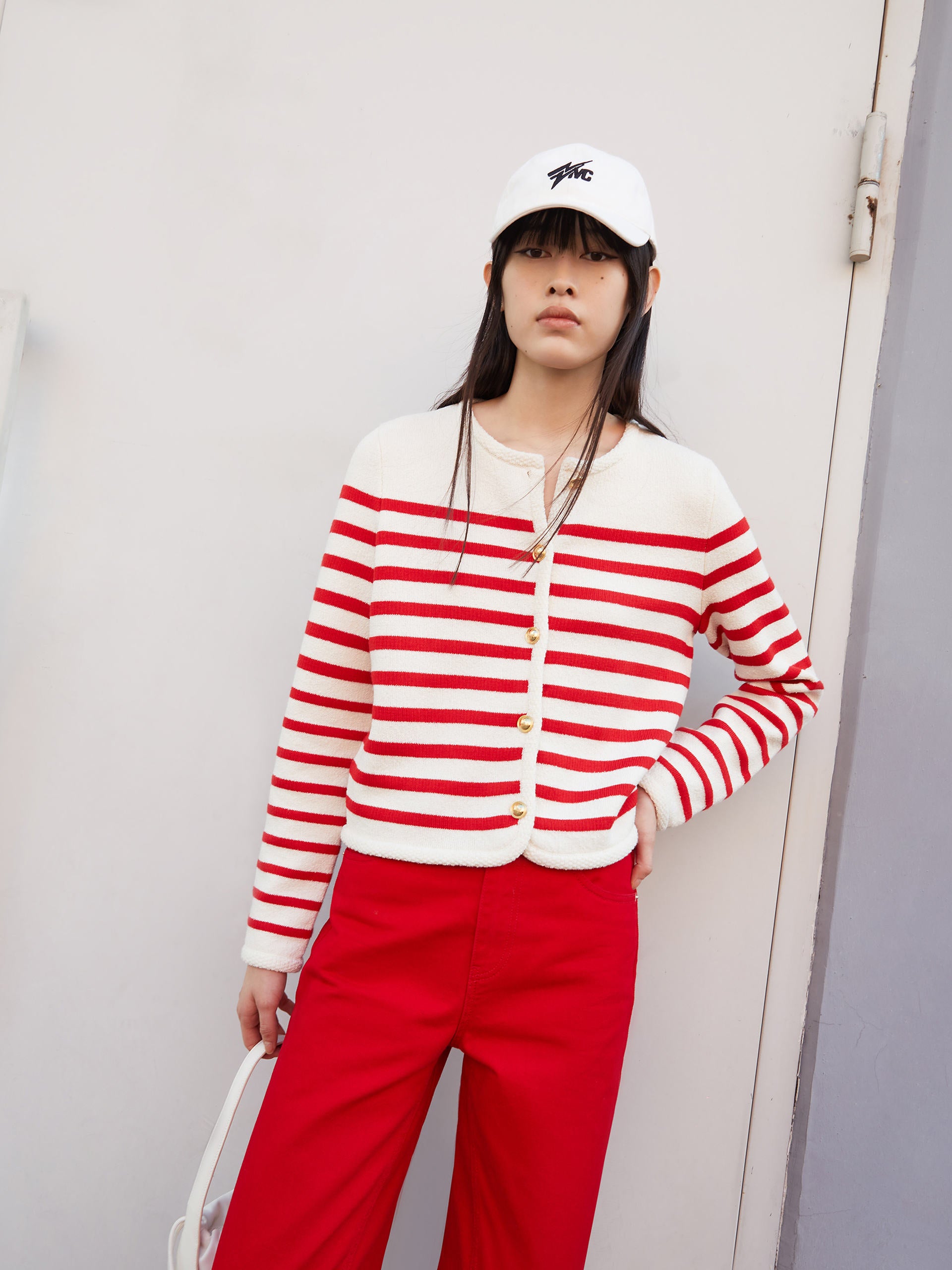 Crop Knitted Chic Striped Cardigan in Red and Beige