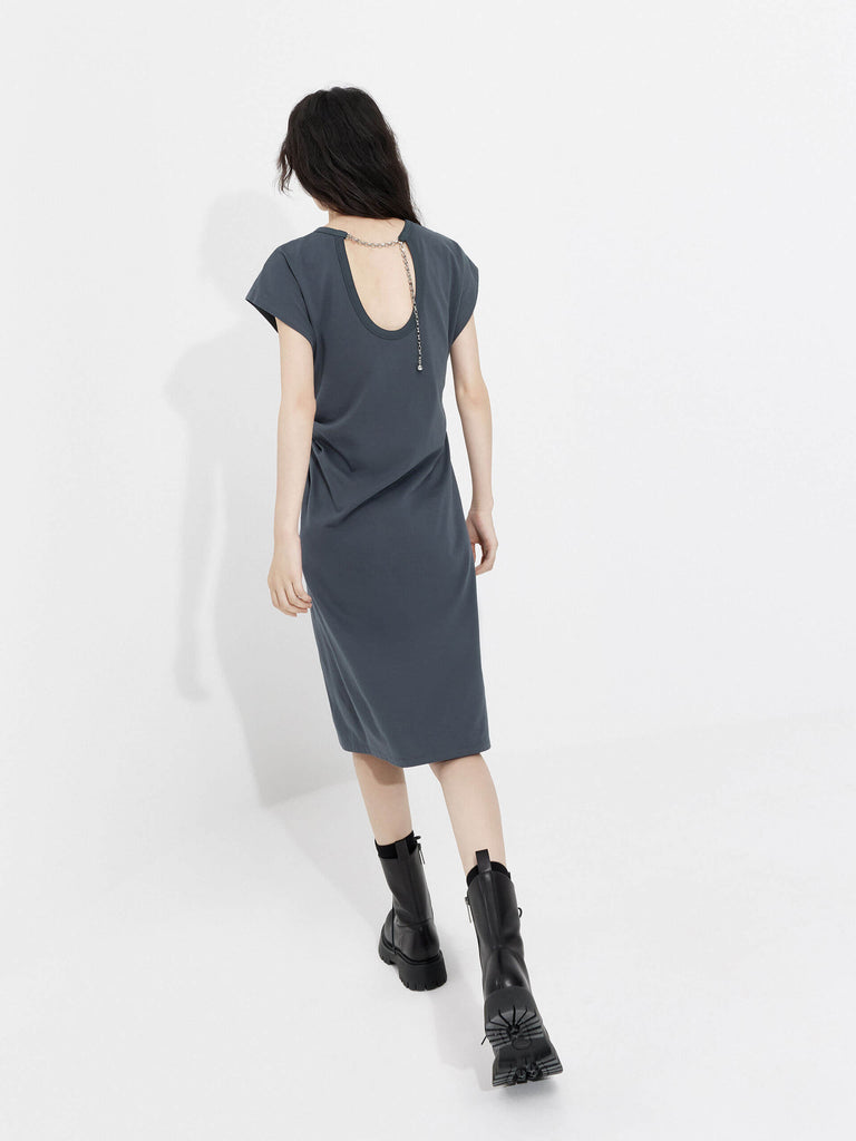 MO&Co. Women's Logo Printed Pleated Midi Dress with Cutout Back Details in Grey