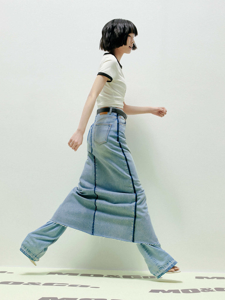 MO&Co. Women's Two-toned Seams Detail Slit Front Maxi Denim Skirt