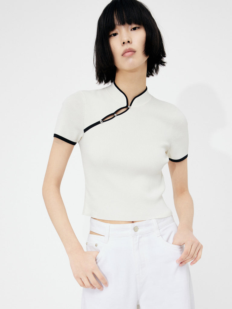 Women's Slanted Placket Oriental Style Knitted Top in White