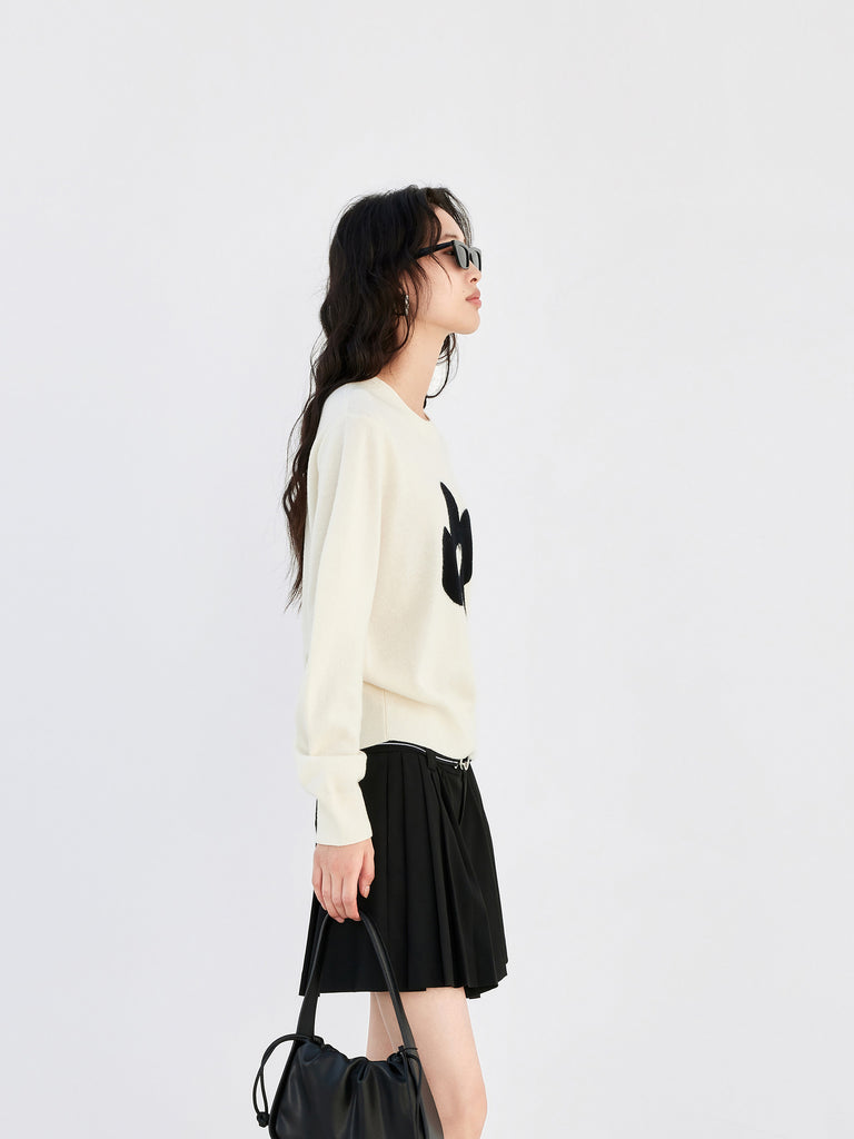 Floral Jacquard Wool Sweater Pullover  in Beige