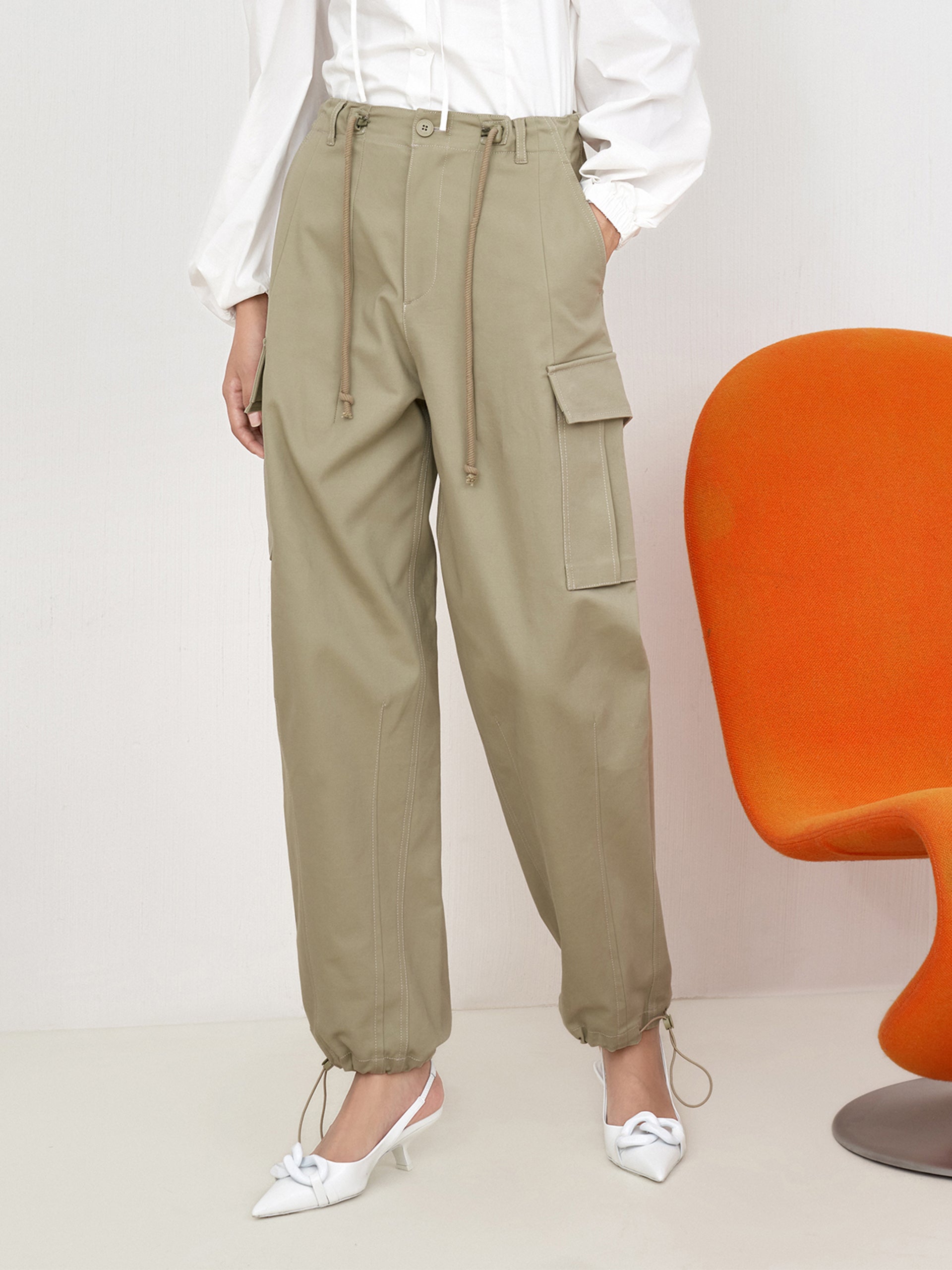 Women's Drawstring Waist Casual Cargo Pants in Olive