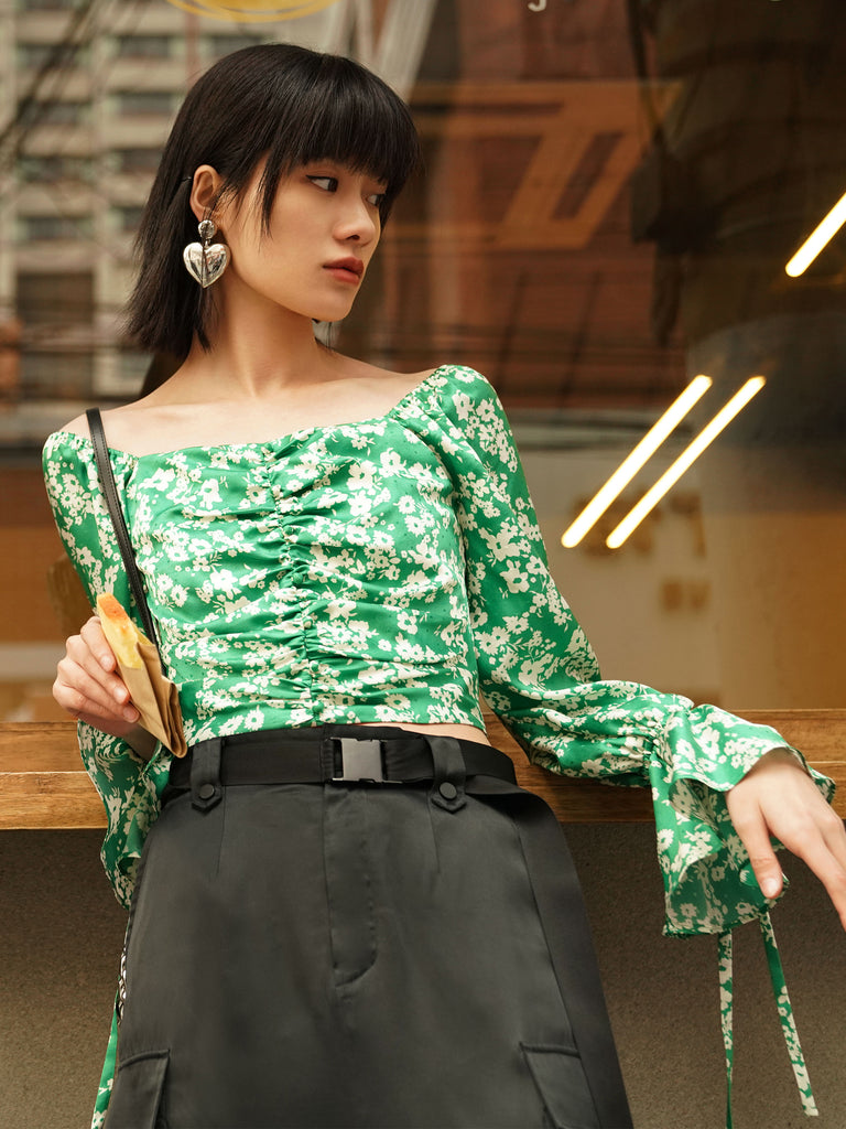 Women's Silk Blend Green Floral Print Smocked Top
