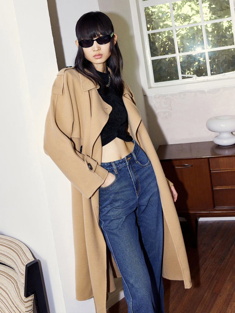 Wool Double Breasted Camel Coat with Belt