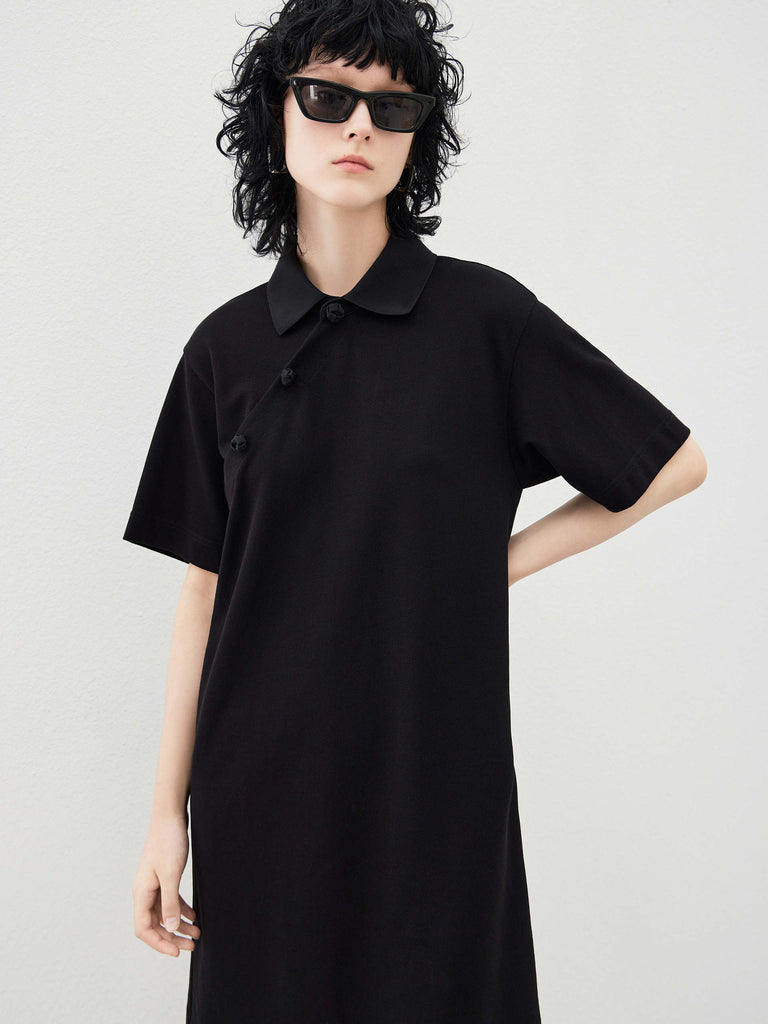 Women's Polo Collar Black Casual Cotton Dress