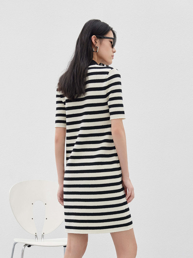 Wool Blend Black and White Striped Casual Shift Altheisure Dress