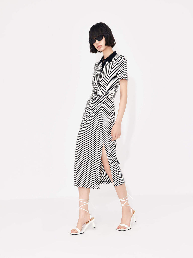 MO&Co. Women's Gathered Waist Striped Midi Dress for Business Casual Look