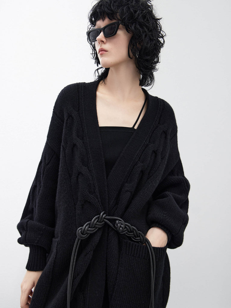 Cheongsam Buckle Wool Cable Knit Casual Cardigan in Black