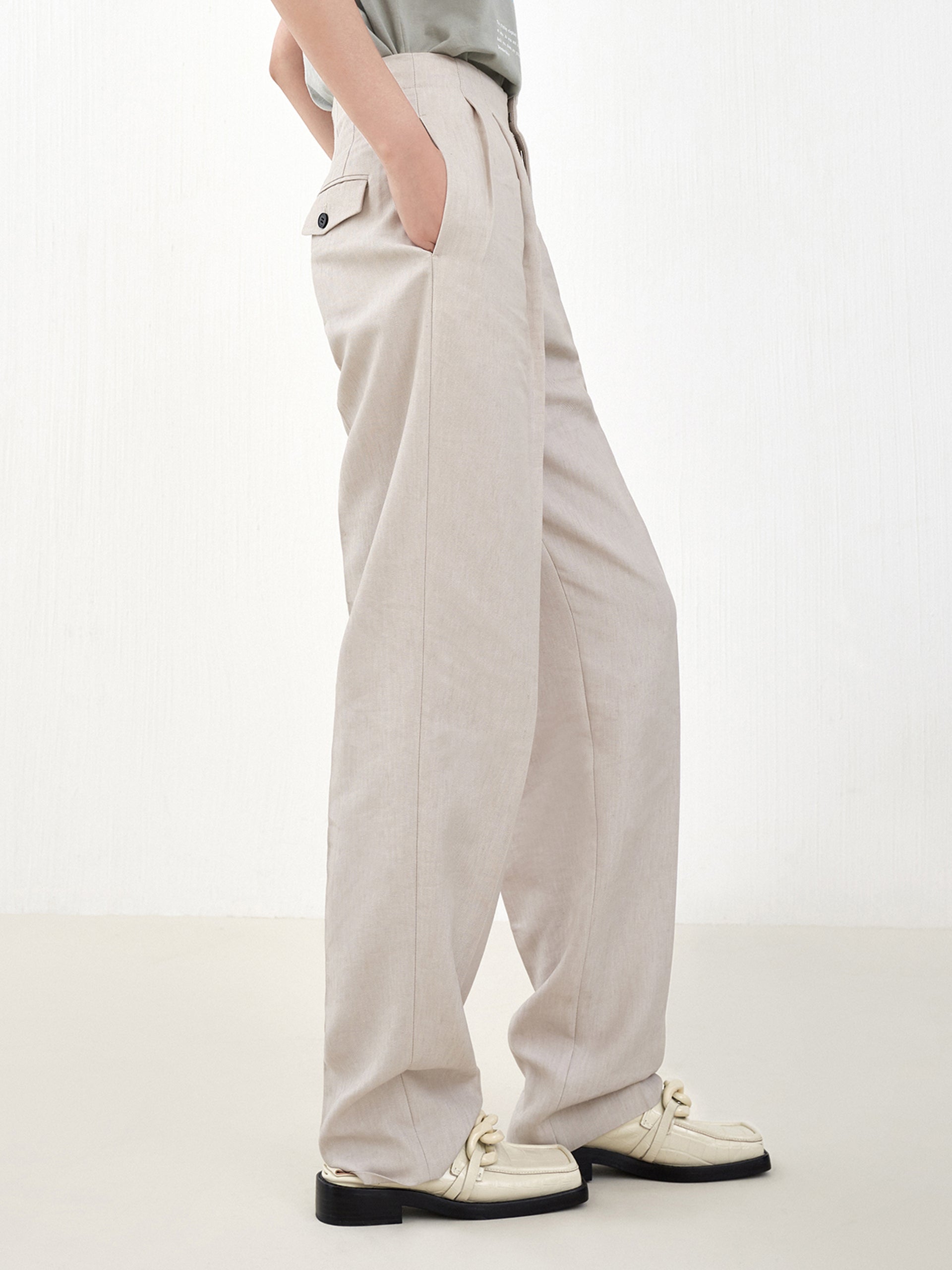 Women's Linen Blend High-rise Wide Leg Suit Pants in Beige