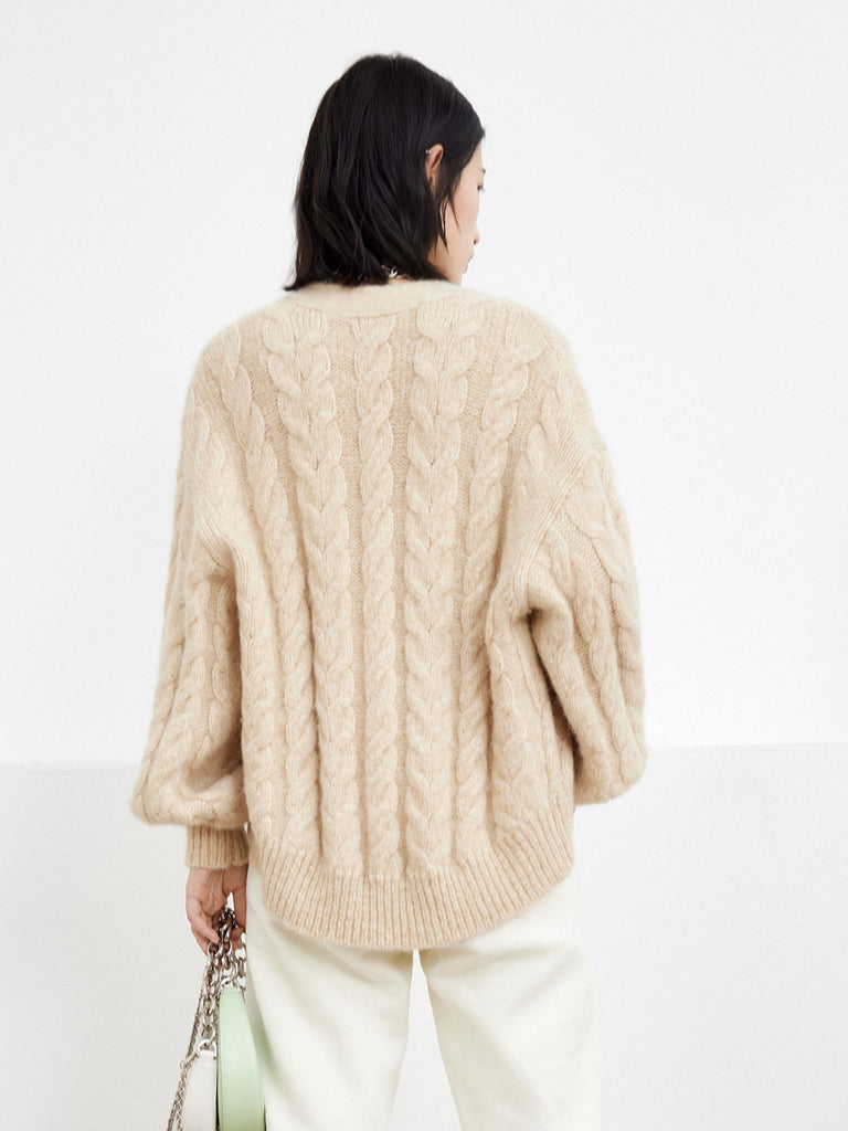 MO&Co. Women's Vintage Cable Knit Beige Cardigan