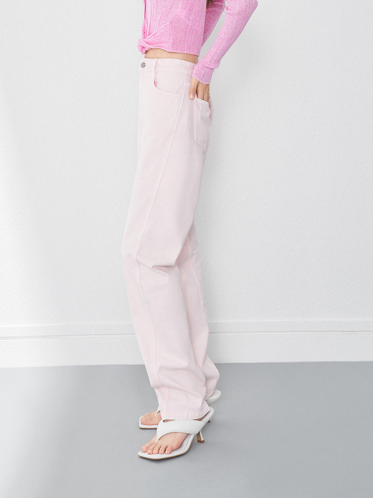 Women's Slanted Seam Details Mid-rise Straight Jeans in Pink