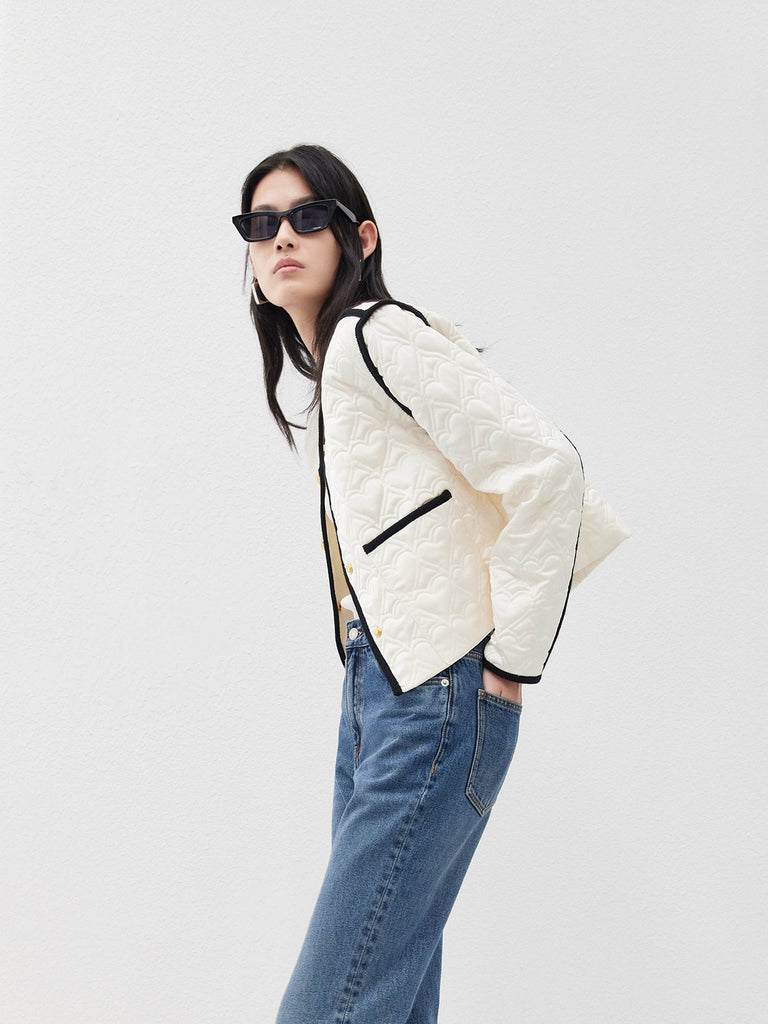 Heart Quilted Contrast Trim Cropped Jacket in Beige