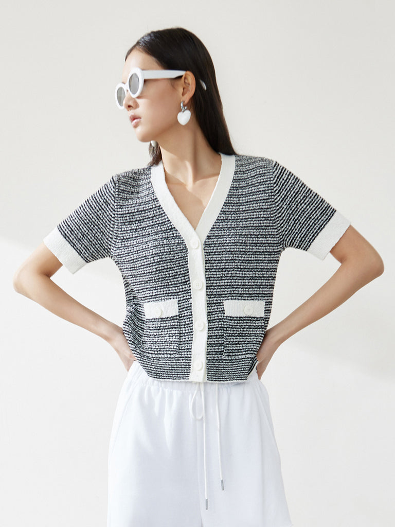 MO&Co. Women's Contrast Short Sleeves Knitted Cardigan for Spring Summer Casual in Textured Black and White