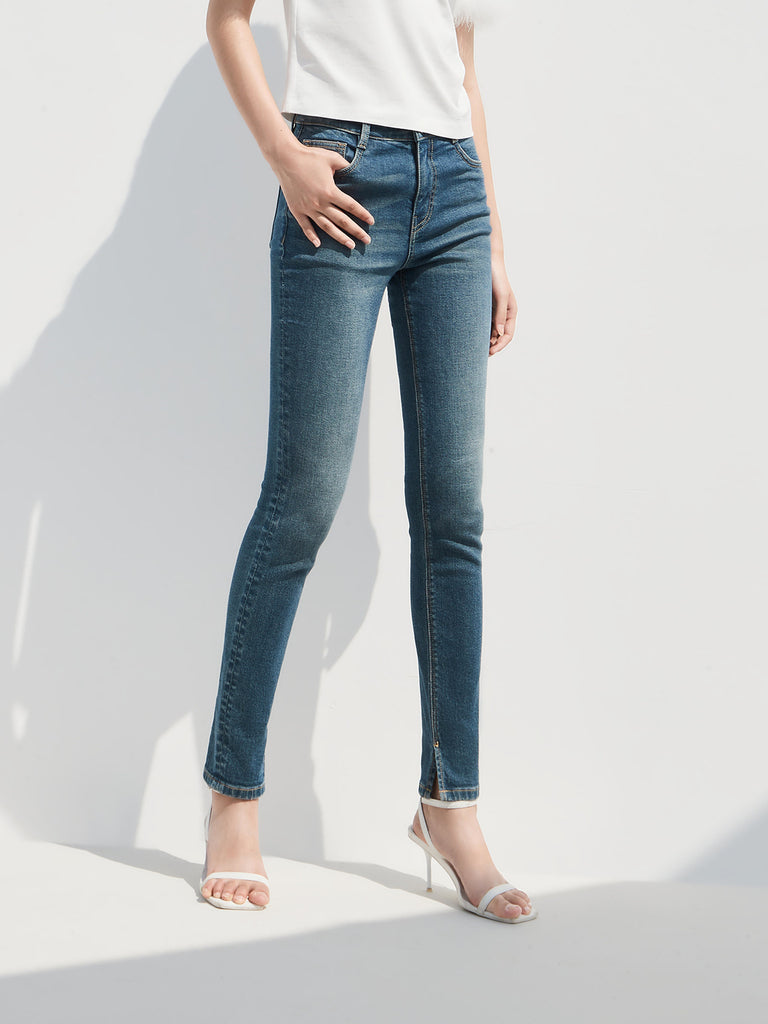 High Waist Slit Detail Skinny Blue Jeans