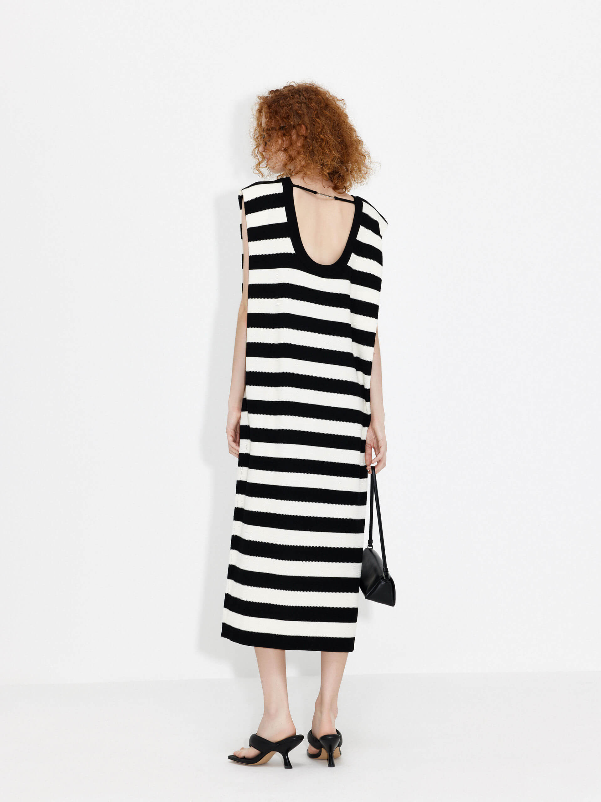 MO&Co. Women's Black and White Stripe H-line Maxi Dress with Cut-out Details and Logo Metallic Chain at back