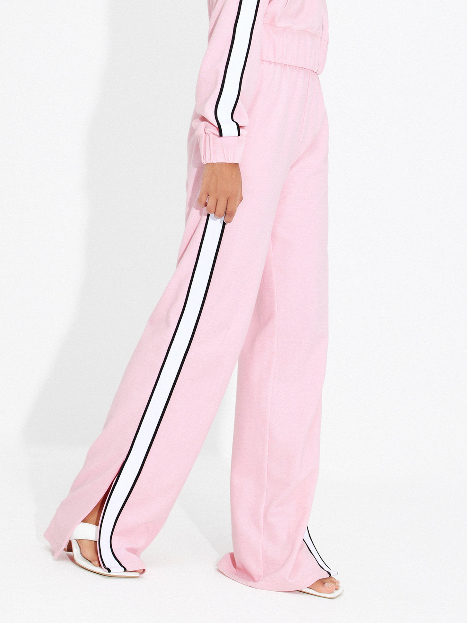 Women's Contrasting Trim Elastic waistband Slit Causal Trousers in Pink