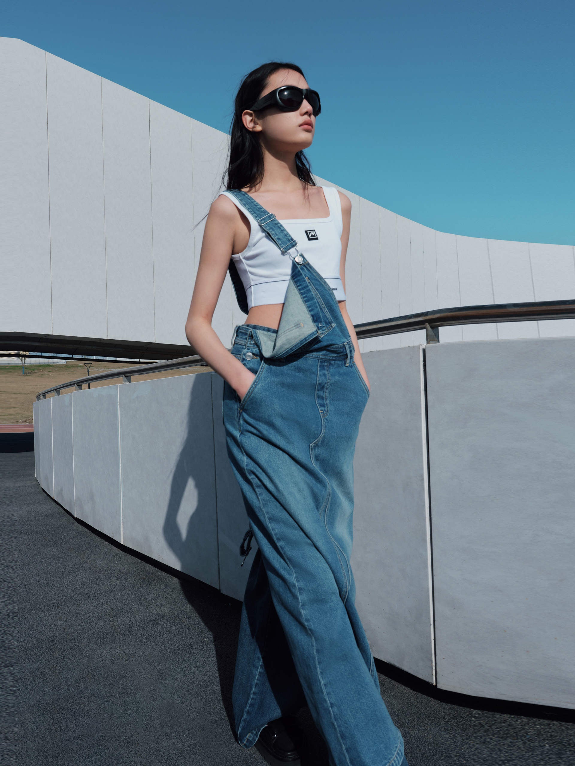 Back Slit Dress with Straps Denim Overall Skirt