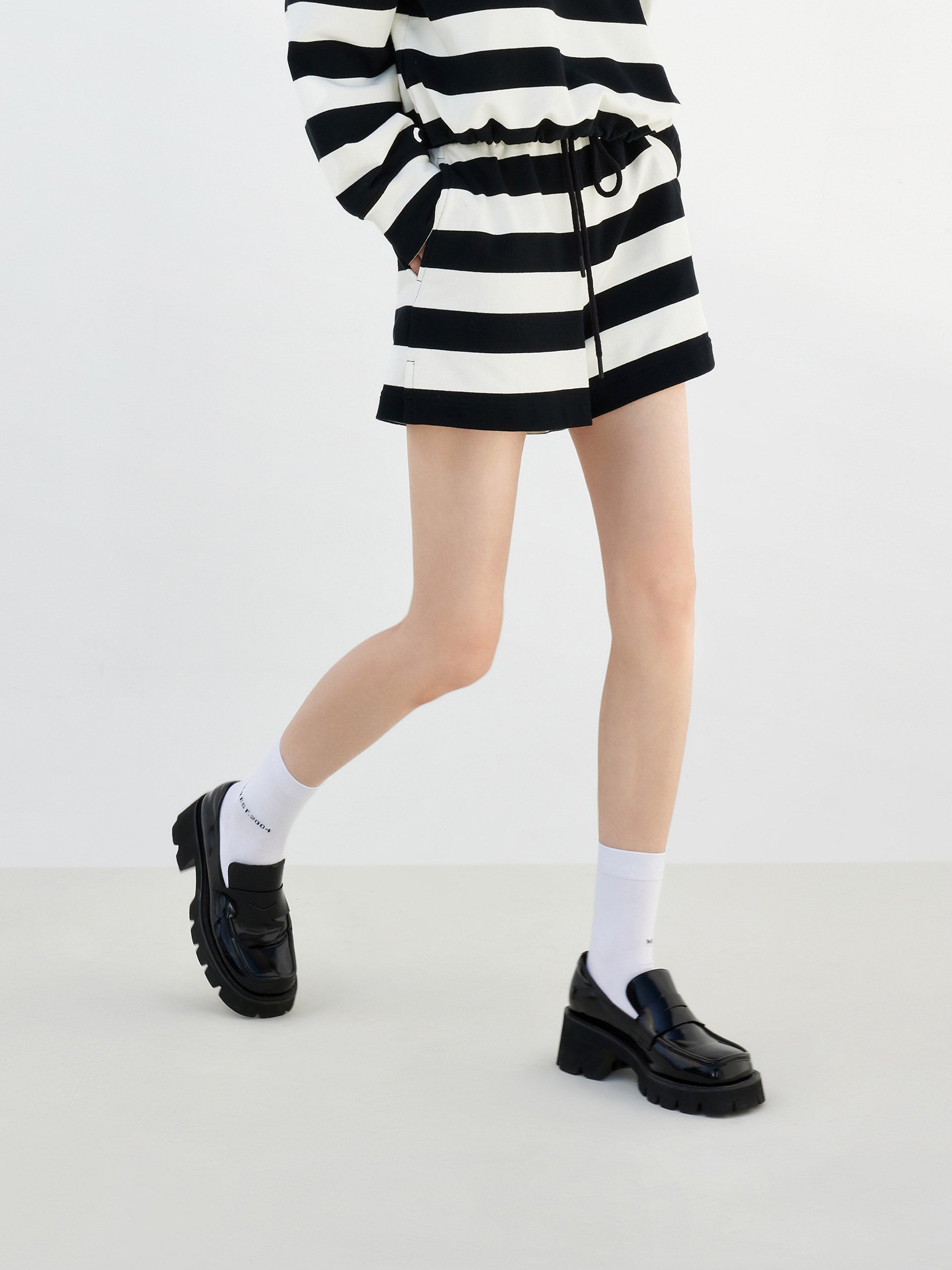 Black Drawstring Stripe Track Athleisure Shorts