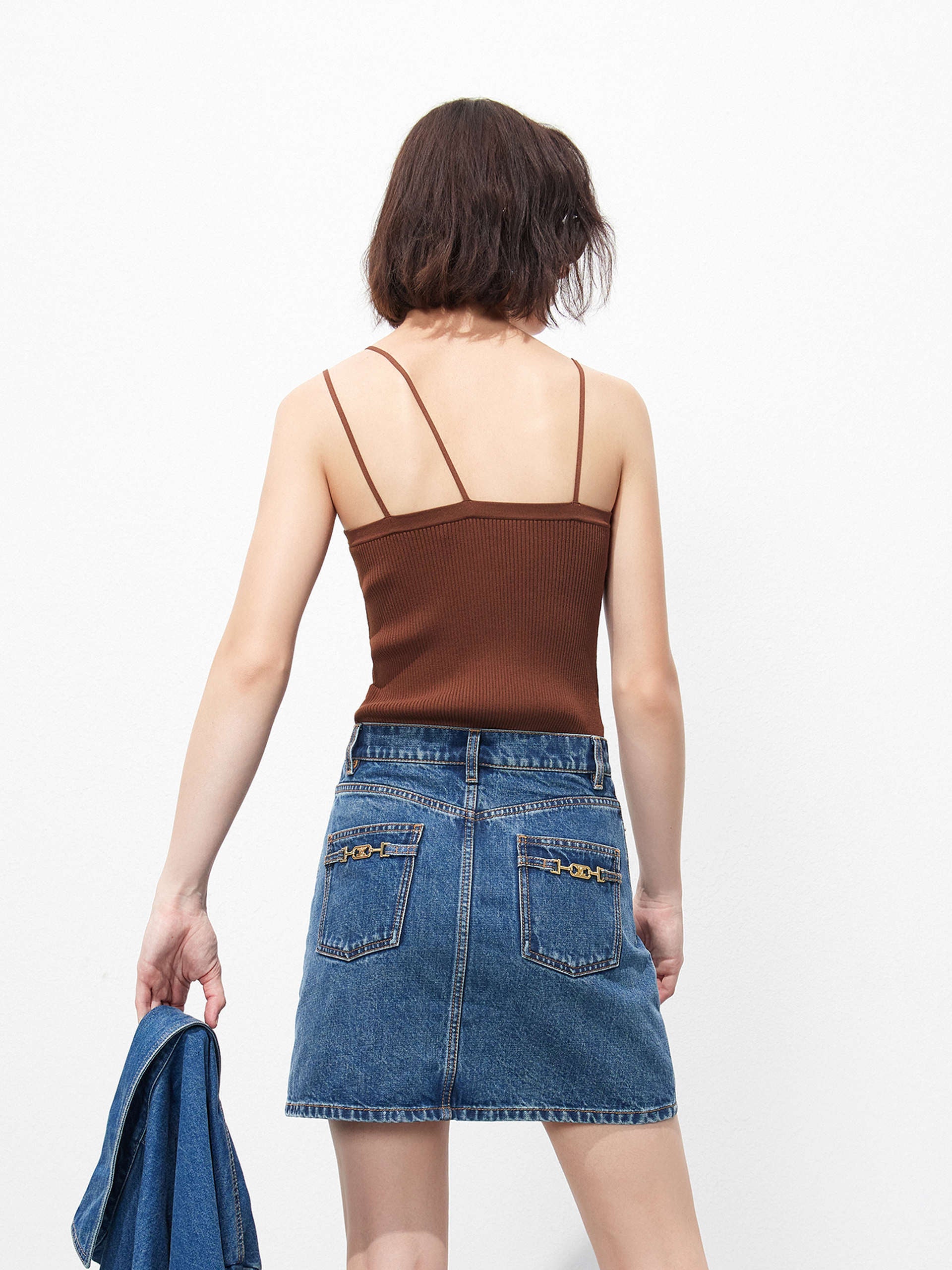 Spaghetti Strap Ribbed Knit Brown Tank Top