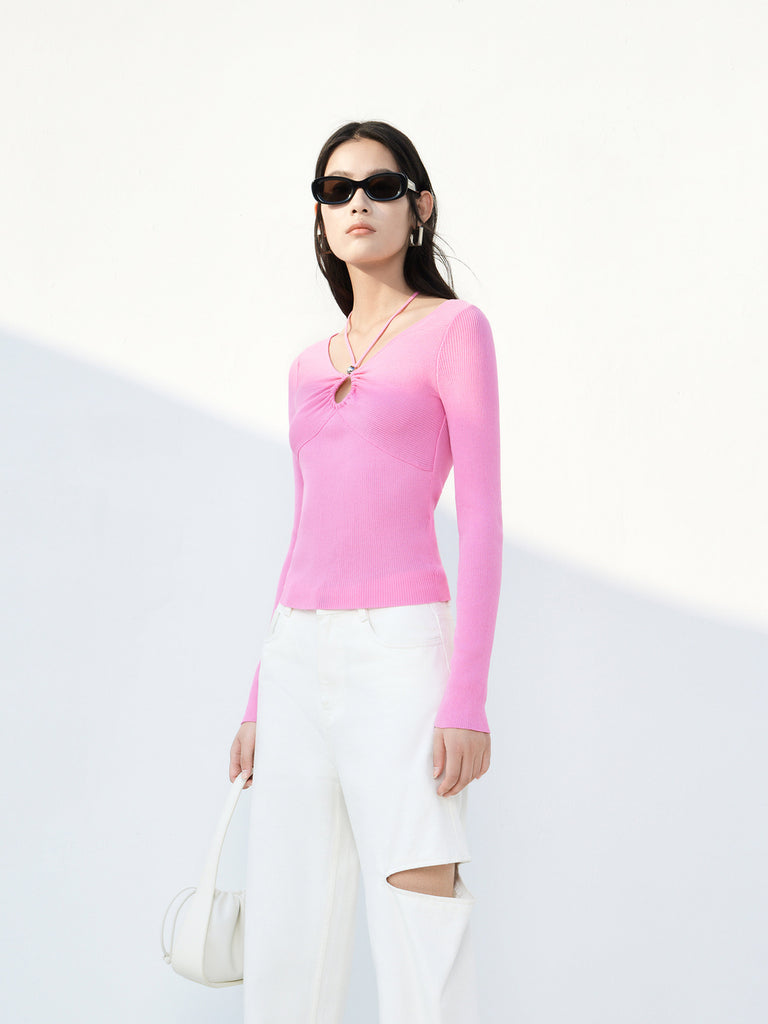 Long Sleeves Cotton Blend Ribbed Knit Top with Open Front Details in Pink